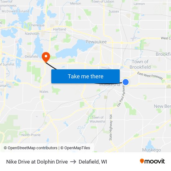 Nike Drive at Dolphin Drive to Delafield, WI map