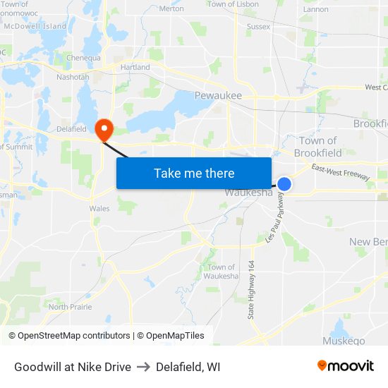 Goodwill at Nike Drive to Delafield, WI map