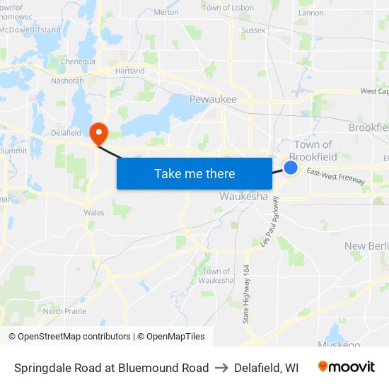 Springdale Road at Bluemound Road to Delafield, WI map