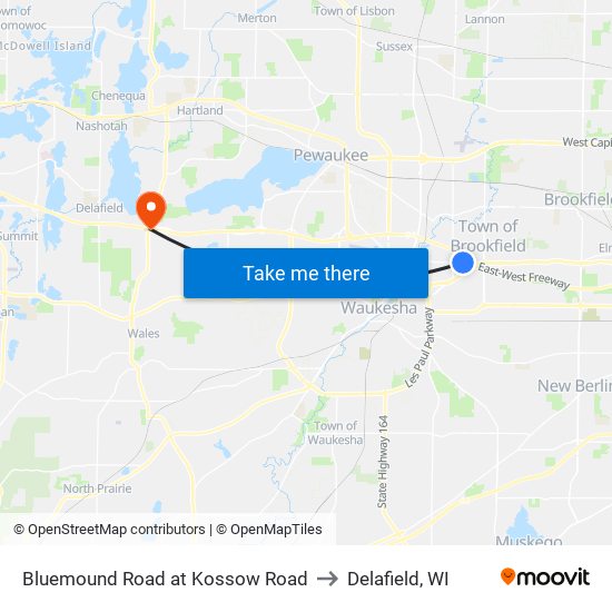 Bluemound Road at Kossow Road to Delafield, WI map