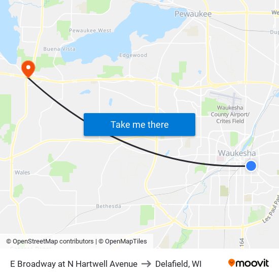 E Broadway at N Hartwell Avenue to Delafield, WI map