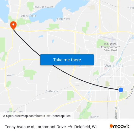 Tenny Avenue at Larchmont Drive to Delafield, WI map
