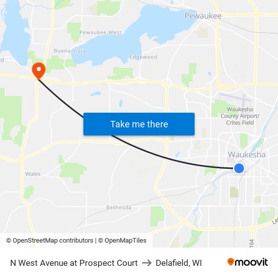 N West Avenue at Prospect Court to Delafield, WI map