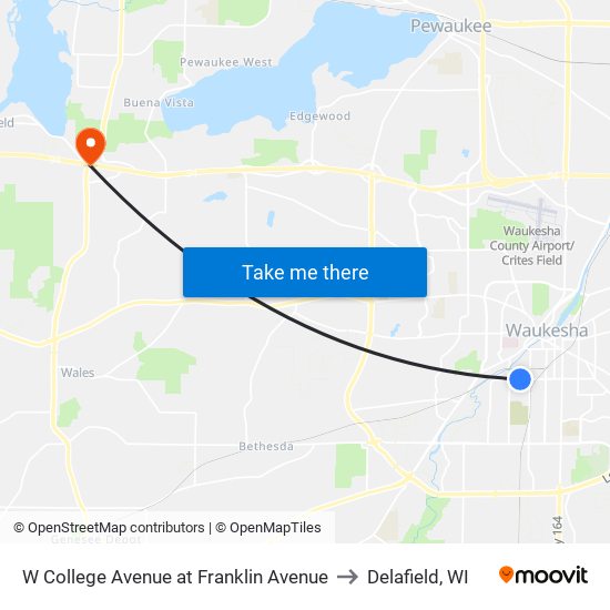 W College Avenue at Franklin Avenue to Delafield, WI map