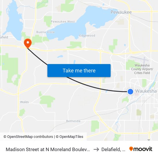 Madison Street at N Moreland Boulevard to Delafield, WI map
