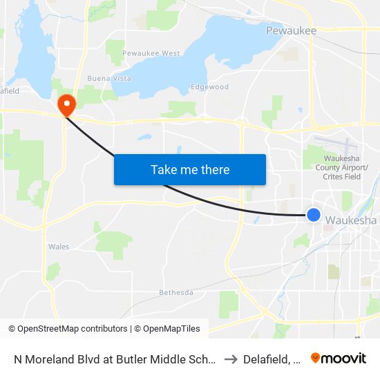 N Moreland Blvd at Butler Middle School to Delafield, WI map