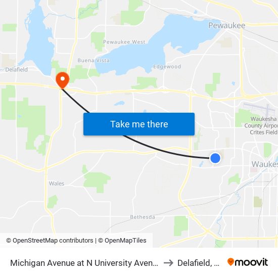 Michigan Avenue at N University Avenue to Delafield, WI map