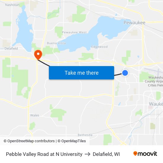 Pebble Valley Road at N University to Delafield, WI map