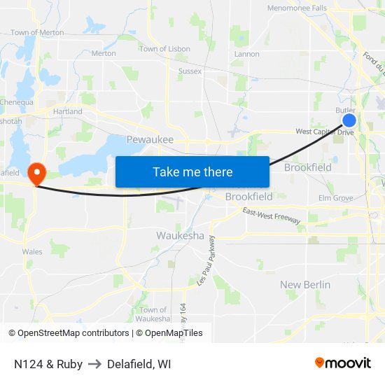 N124 & Ruby to Delafield, WI map