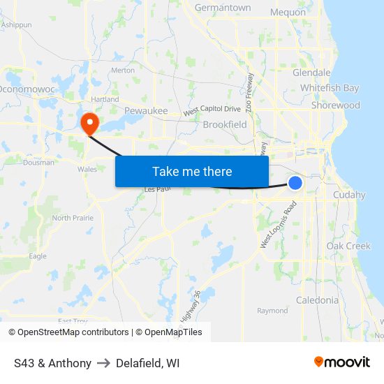 S43 & Anthony to Delafield, WI map