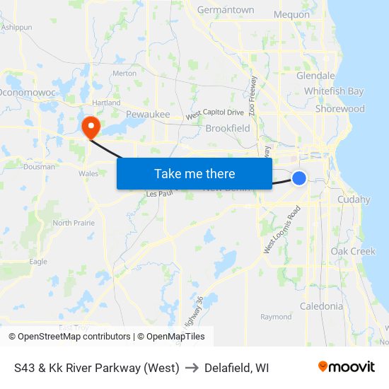 S43 & Kk River Parkway (West) to Delafield, WI map