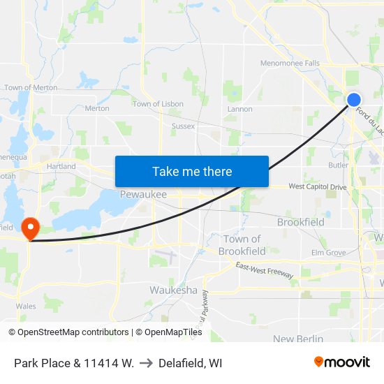 Park Place & 11414 W. to Delafield, WI map
