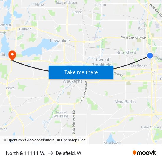 North & 11111 W. to Delafield, WI map