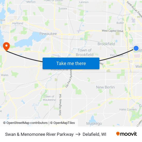 Swan & Menomonee River Parkway to Delafield, WI map