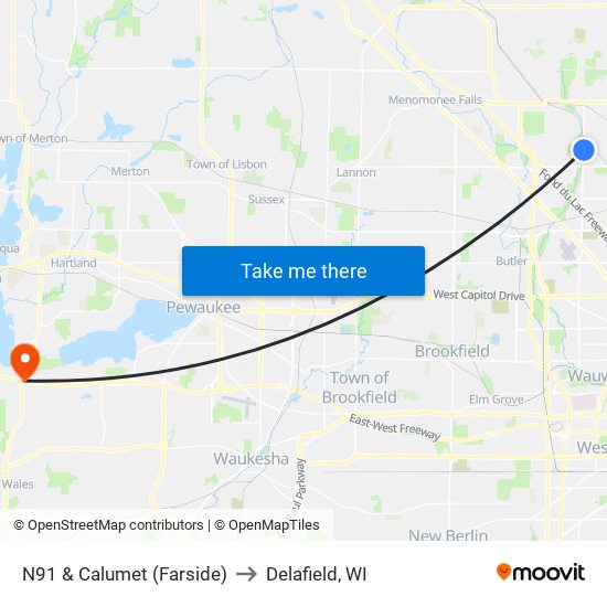 N91 & Calumet (Farside) to Delafield, WI map