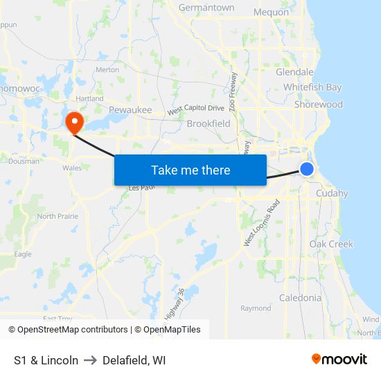 S1 & Lincoln to Delafield, WI map