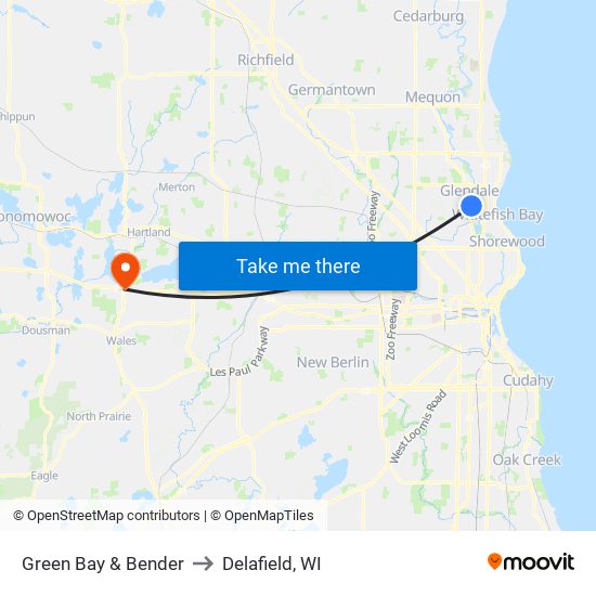 Green Bay & Bender to Delafield, WI map