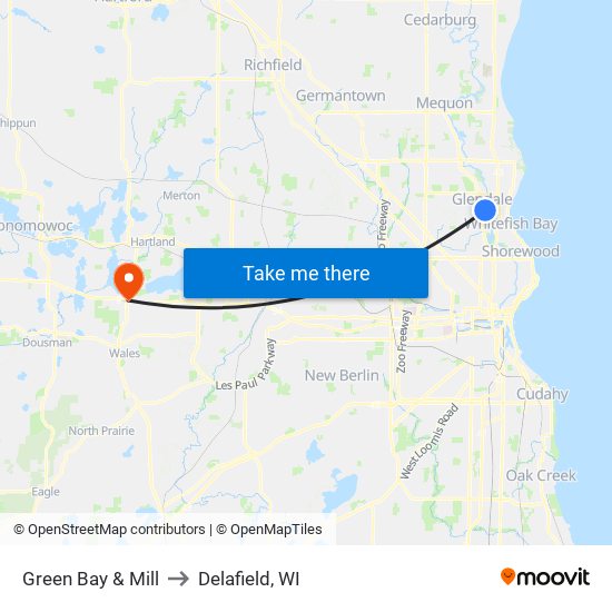 Green Bay & Mill to Delafield, WI map