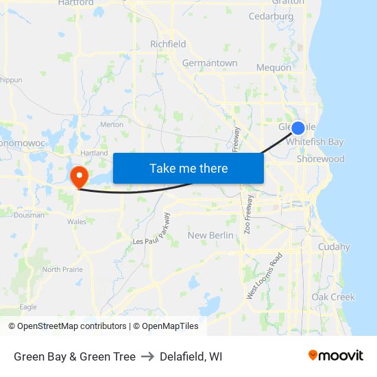 Green Bay & Green Tree to Delafield, WI map