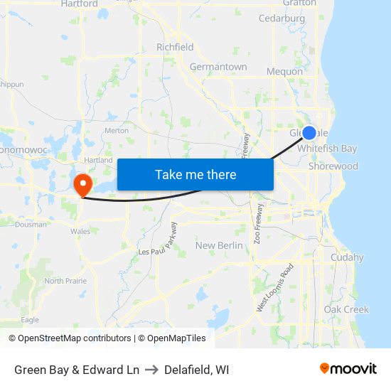 Green Bay & Edward Ln to Delafield, WI map