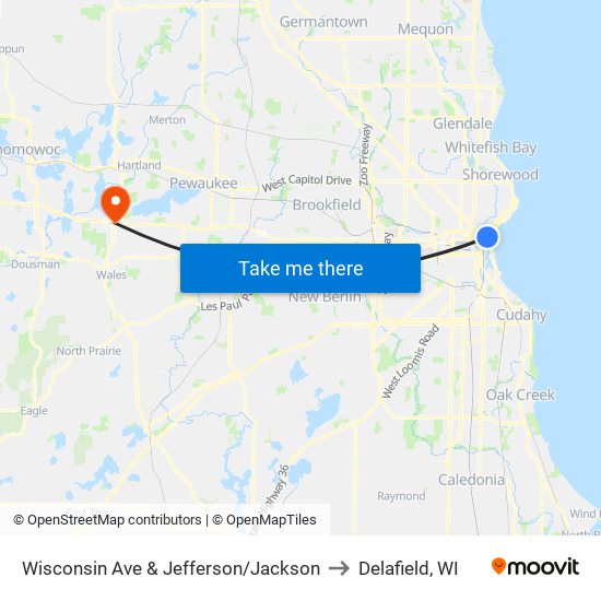 Wisconsin Ave & Jefferson/Jackson to Delafield, WI map