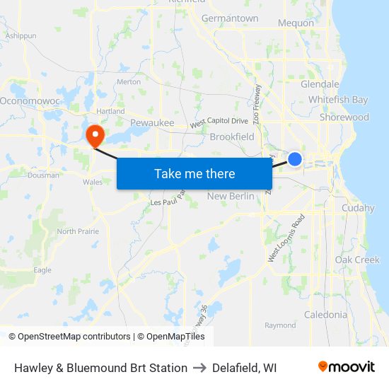 Hawley & Bluemound Brt Station to Delafield, WI map