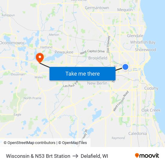 Wisconsin & N53 Brt Station to Delafield, WI map