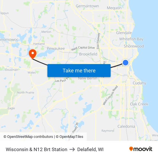 Wisconsin & N12 Brt Station to Delafield, WI map