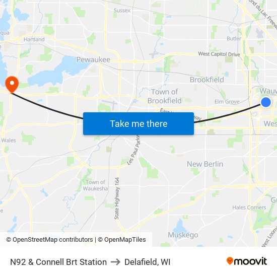 N92 & Connell Brt Station to Delafield, WI map