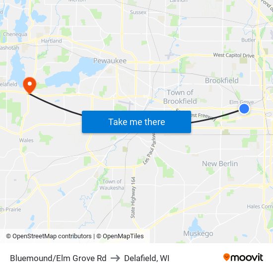 Bluemound/Elm Grove Rd to Delafield, WI map
