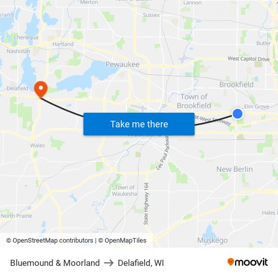 Bluemound & Moorland to Delafield, WI map