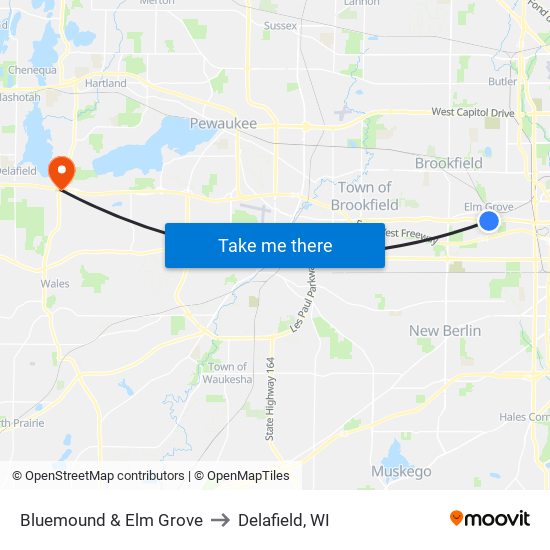 Bluemound & Elm Grove to Delafield, WI map