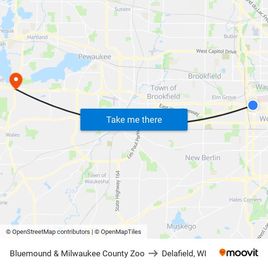 Bluemound & Milwaukee County Zoo to Delafield, WI map