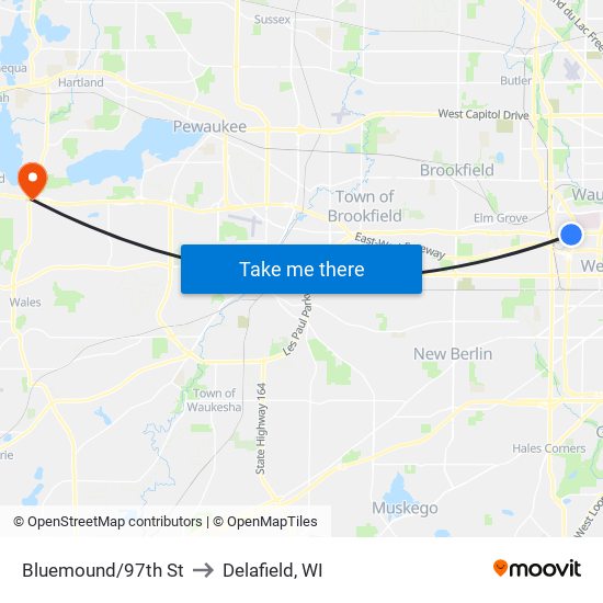 Bluemound/97th St to Delafield, WI map