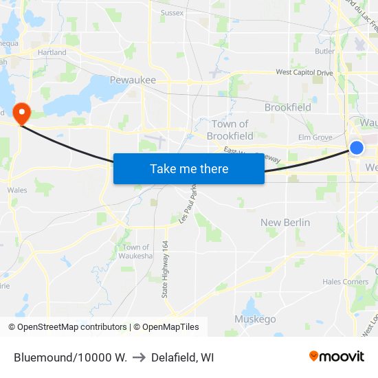 Bluemound/10000 W. to Delafield, WI map