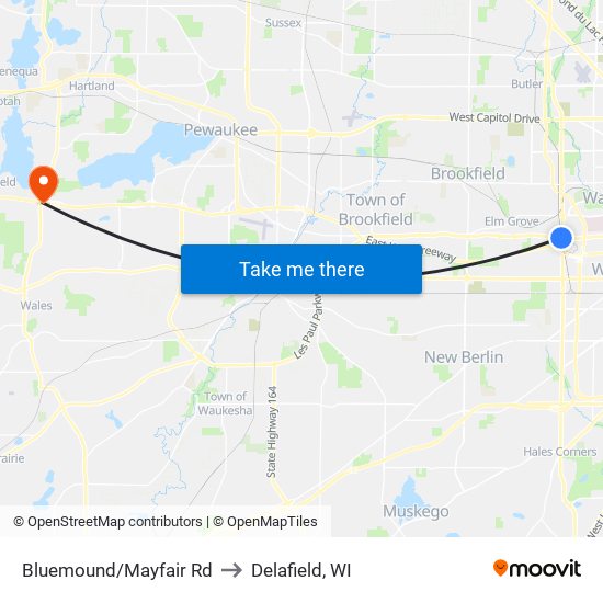 Bluemound/Mayfair Rd to Delafield, WI map