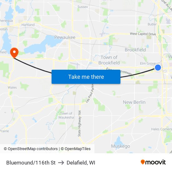 Bluemound/116th St to Delafield, WI map