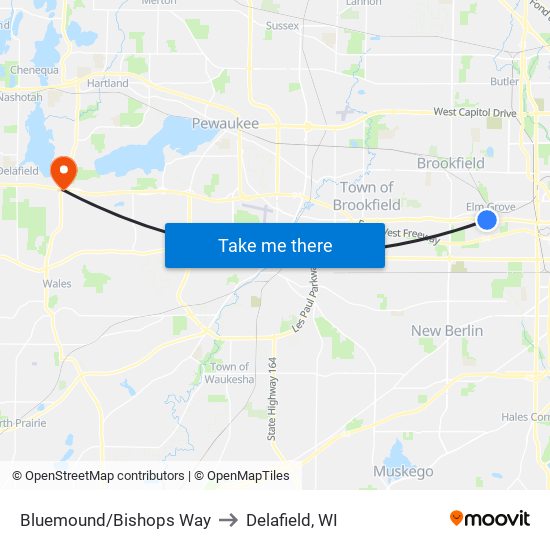 Bluemound/Bishops Way to Delafield, WI map