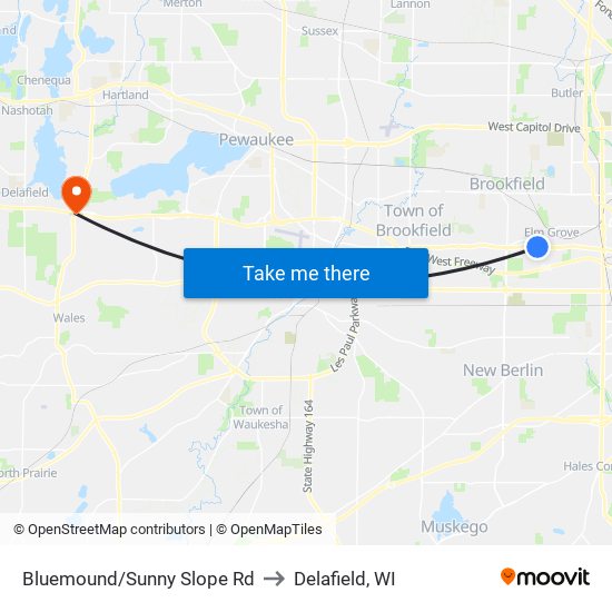 Bluemound/Sunny Slope Rd to Delafield, WI map