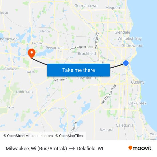 Milwaukee, Wi (Bus/Amtrak) to Delafield, WI map