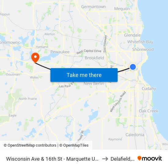 Wisconsin Ave & 16th St - Marquette University to Delafield, WI map