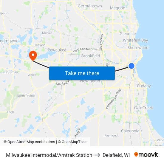 Milwaukee Intermodal/Amtrak Station to Delafield, WI map