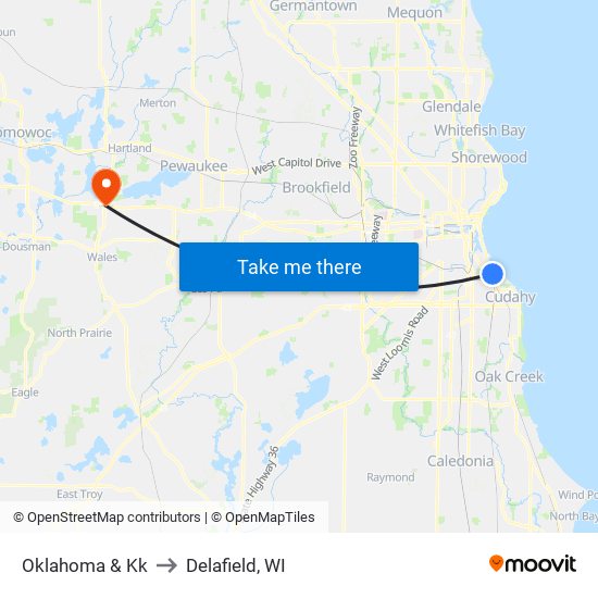 Oklahoma & Kk to Delafield, WI map