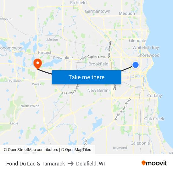 Fond Du Lac & Tamarack to Delafield, WI map