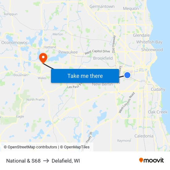 National & S68 to Delafield, WI map