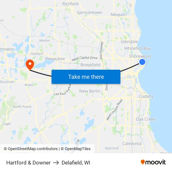 Hartford & Downer to Delafield, WI map