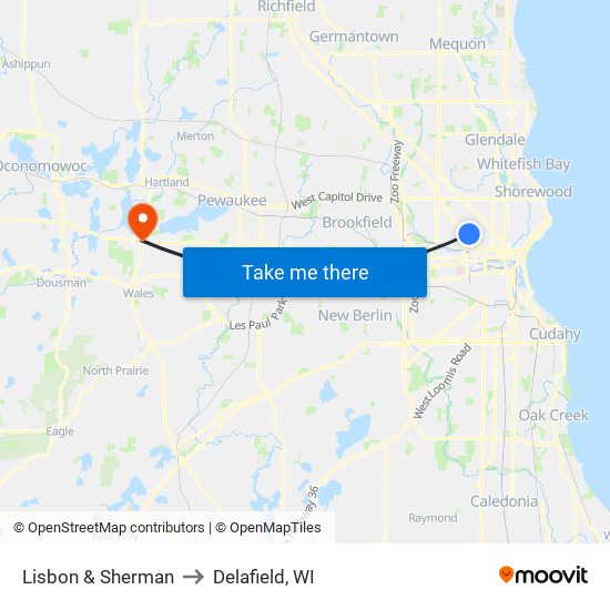 Lisbon & Sherman to Delafield, WI map