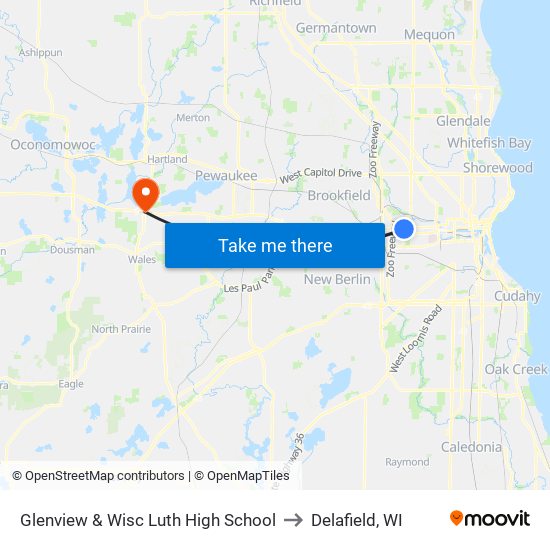 Glenview & Wisc Luth High School to Delafield, WI map