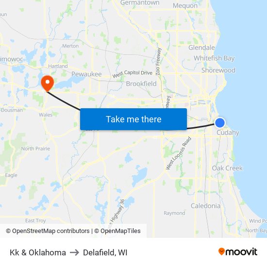 Kk & Oklahoma to Delafield, WI map