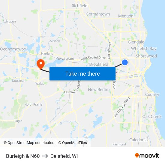 Burleigh & N60 to Delafield, WI map